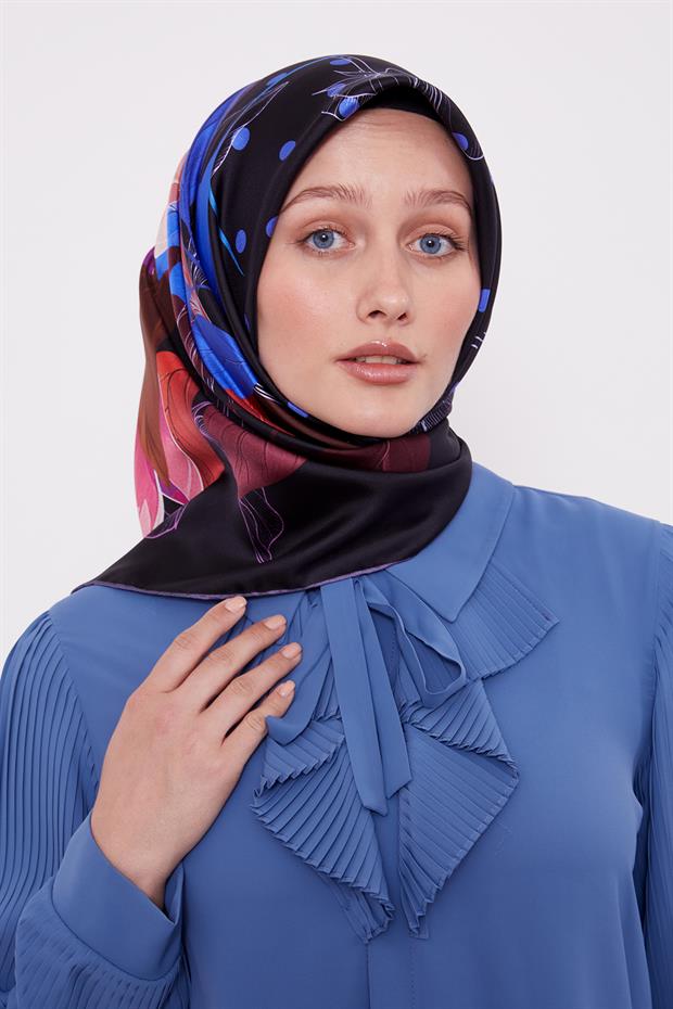 Morcivert Lotus Çiçek Desen Twill İpek Eşarp