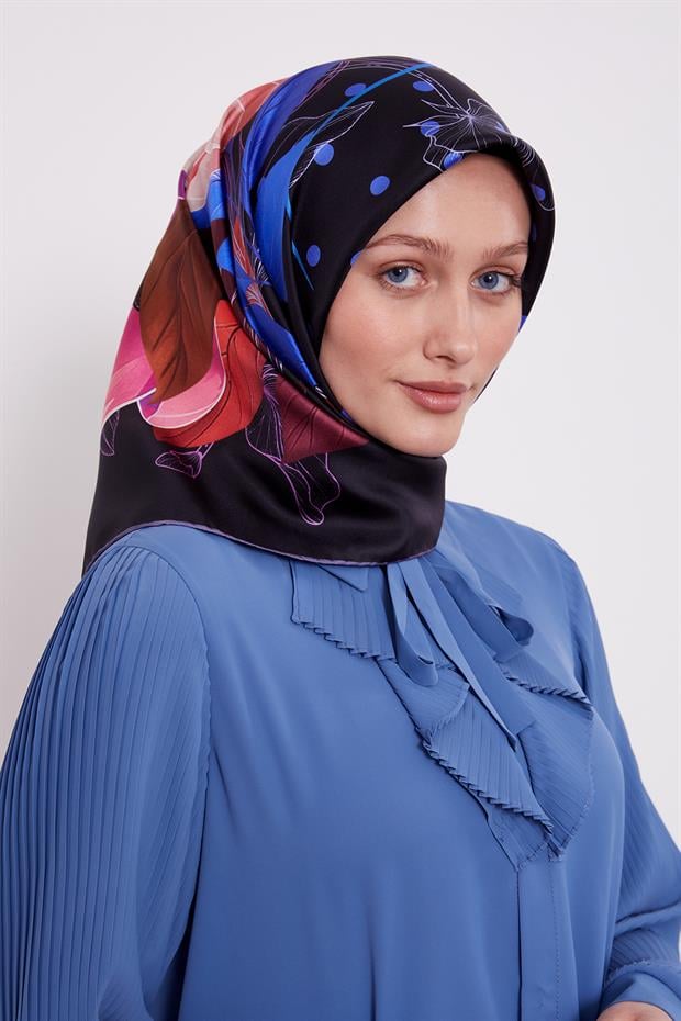 Morcivert Lotus Çiçek Desen Twill İpek Eşarp