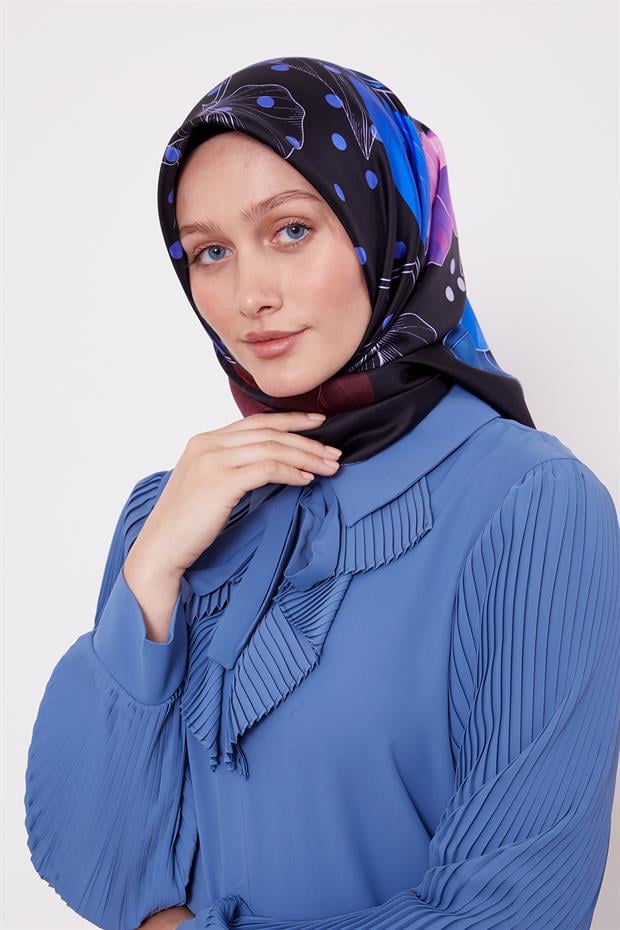 Morcivert Lotus Çiçek Desen Twill İpek Eşarp