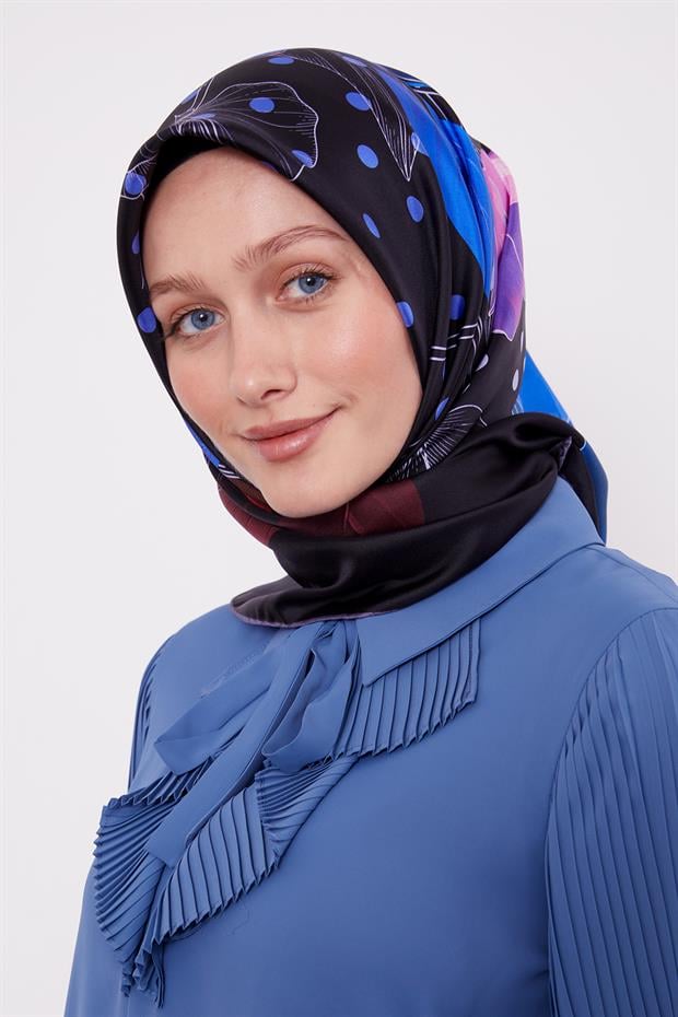 Morcivert Lotus Çiçek Desen Twill İpek Eşarp