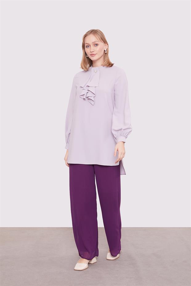 Mürdüm Bol Paça Şifon Pantolon