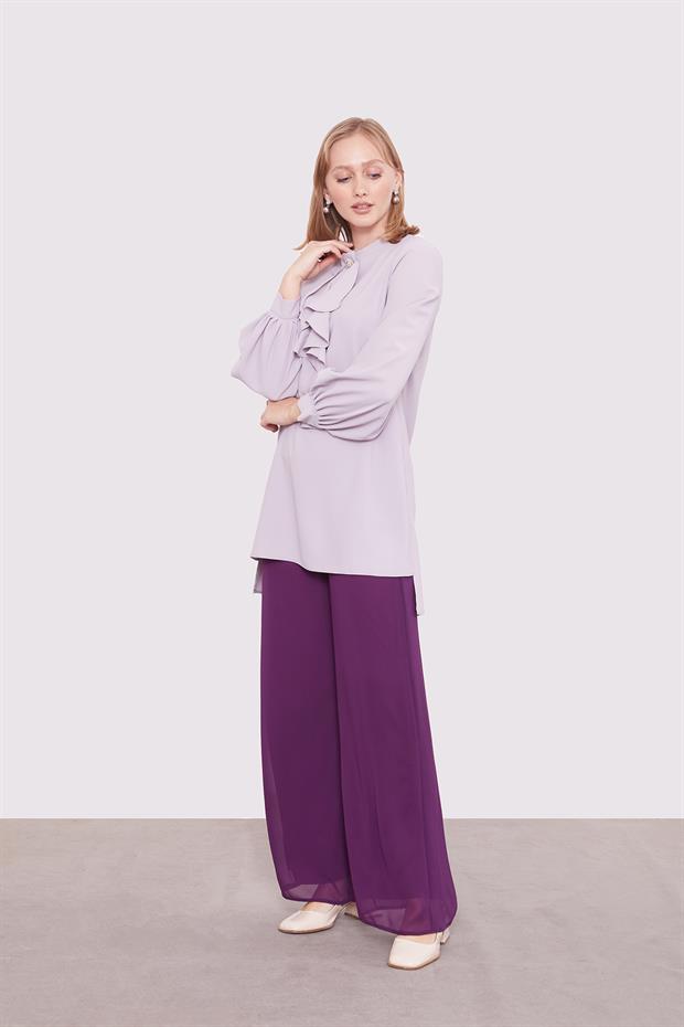 Mürdüm Bol Paça Şifon Pantolon