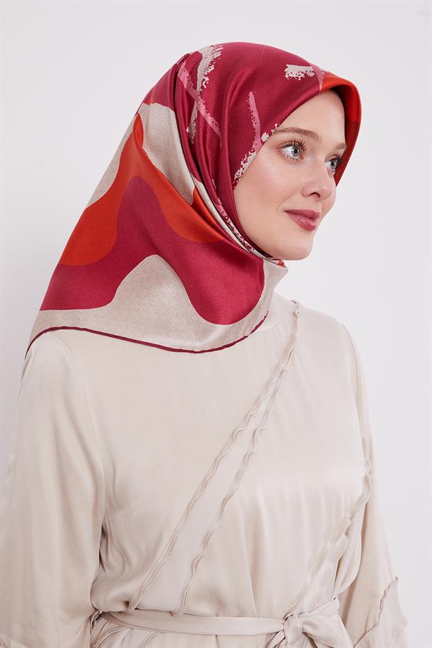 Mürdüm Yuvarlak Desen Twill İpek Eşarp