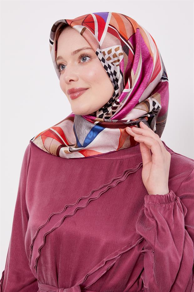 Mürdüm Dama Desen Twill İpek Eşarp