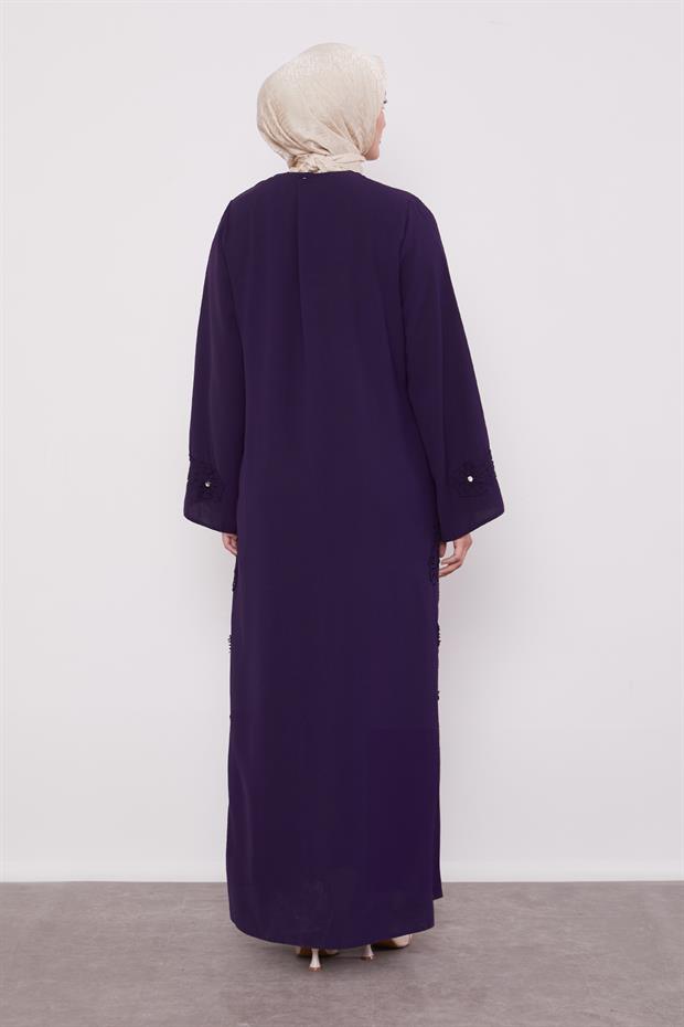 Mürdüm Dantel Detaylı Cepli Ferace