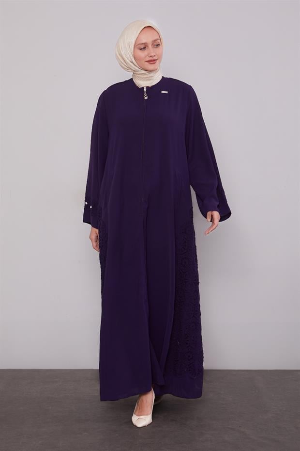 Mürdüm Dantel Detaylı Cepli Ferace