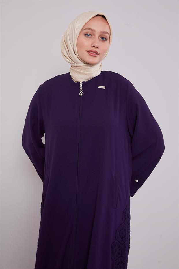 Mürdüm Dantel Detaylı Cepli Ferace