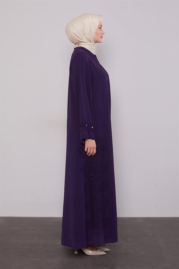 Mürdüm Dantel Detaylı Cepli Ferace