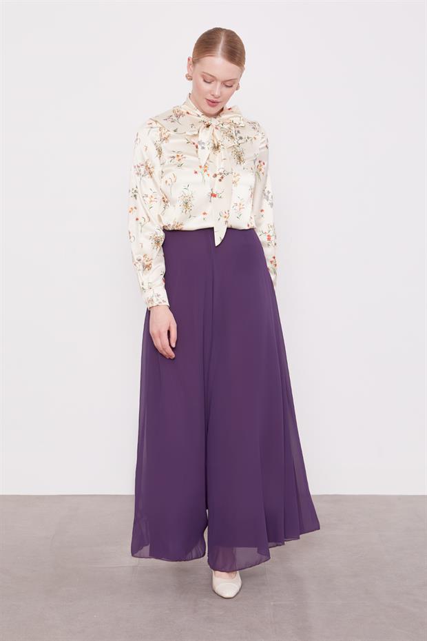 Mürdüm Geniş Paçalı Şifon Pantolon