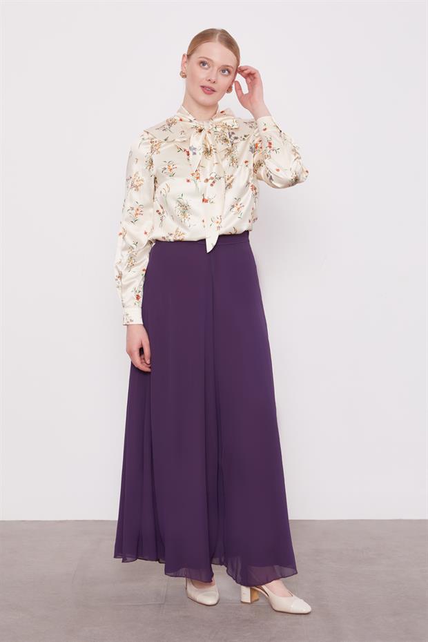 Mürdüm Geniş Paçalı Şifon Pantolon