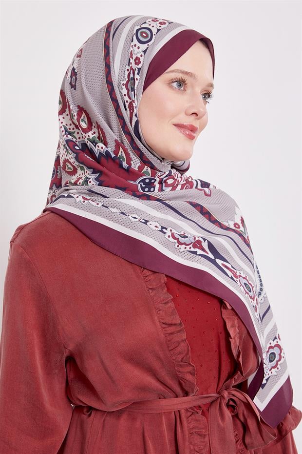 Mürdüm Kenar Benek Desen Hint İpeği Şal
