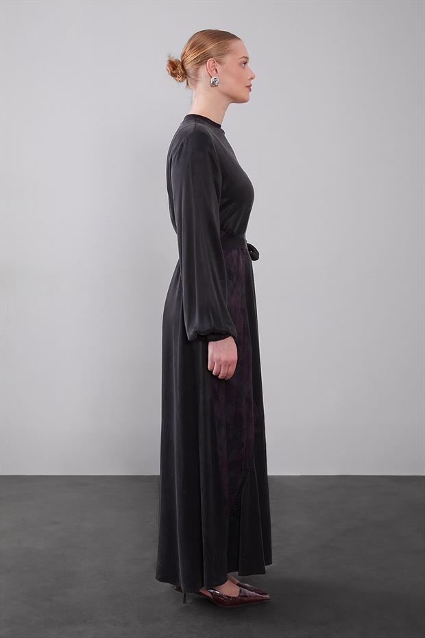 Mürdüm Kuşak Detaylı Kenar Desen Cupra Elbise