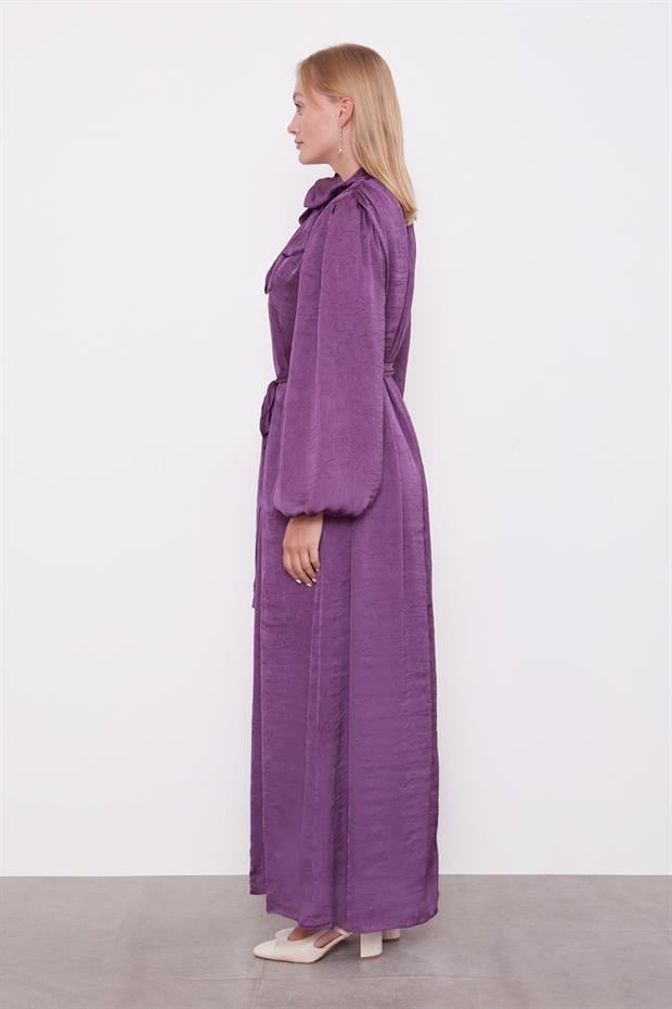 Mürdüm Kuşak Detaylı Saten Kraş Elbise