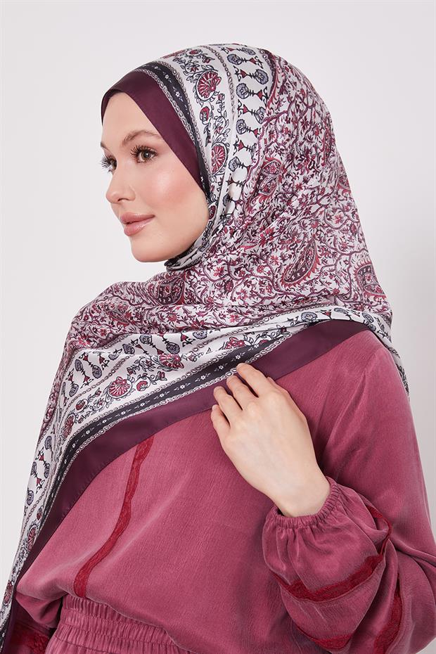 Mürdüm Mini Çiçek Hint İpeği Şal