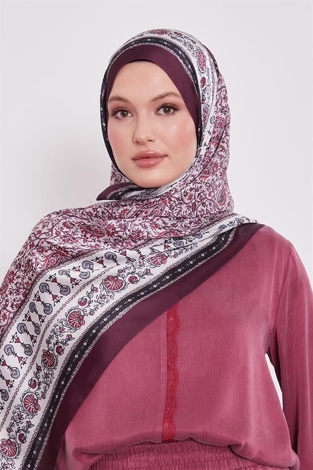 Mürdüm Mini Çiçek Hint İpeği Şal