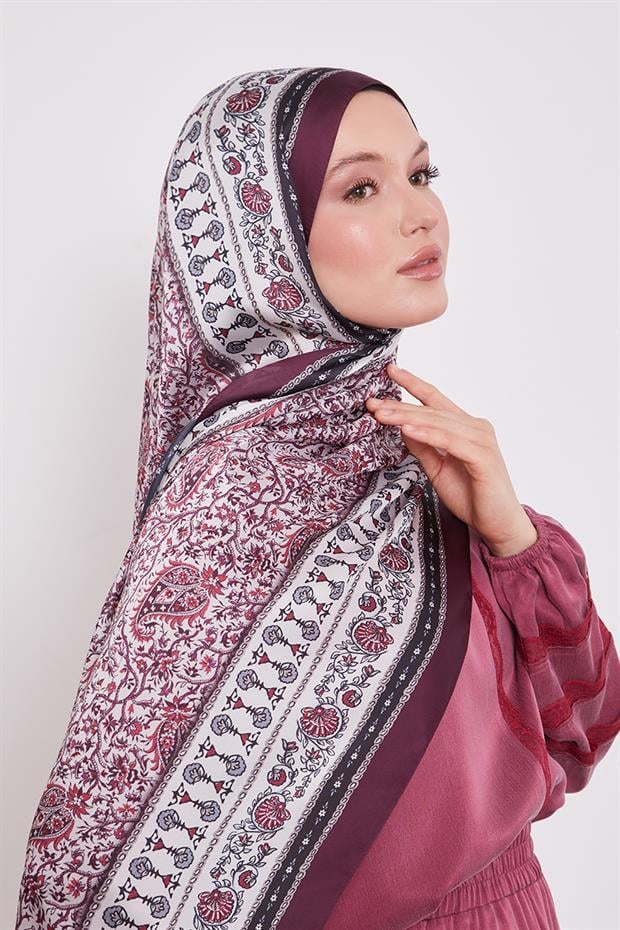 Mürdüm Mini Çiçek Hint İpeği Şal