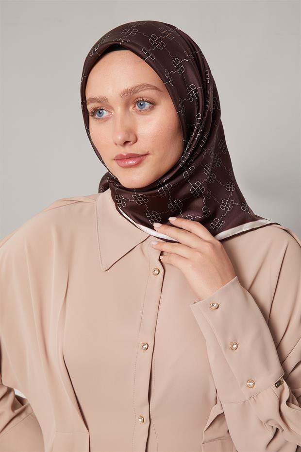 Mürdüm Mini Yonca Desen Twill İpek Eşarp