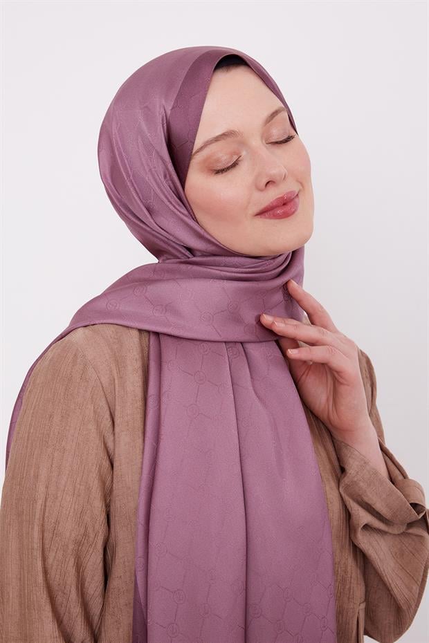 Mürdüm Petek Desen Monogram İpek Şal