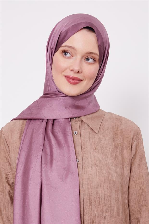 Mürdüm Petek Desen Monogram İpek Şal