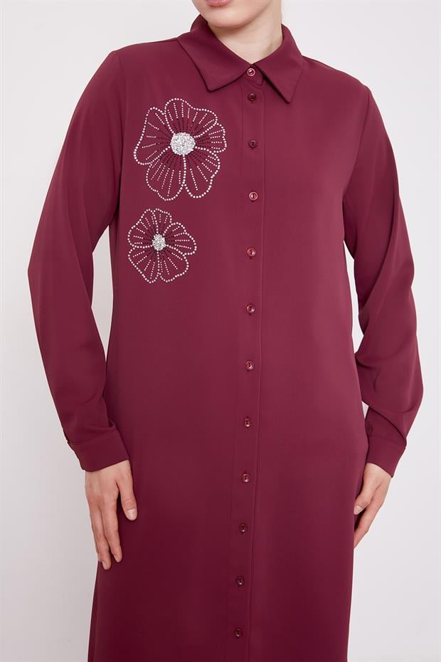 Taş Çiçek Desen Baskılı Tunik Mürdüm