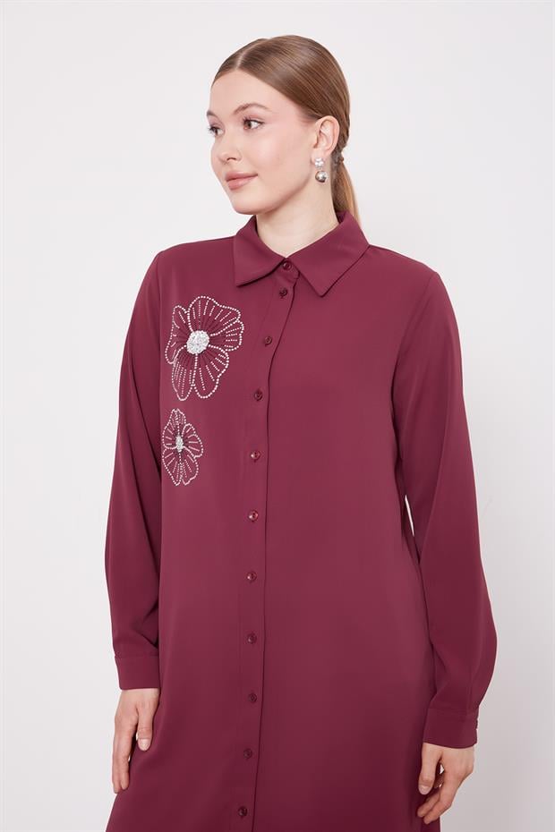 Taş Çiçek Desen Baskılı Tunik Mürdüm