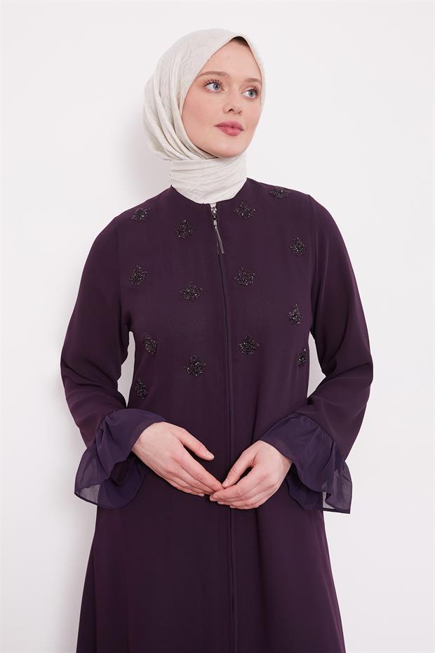 Mürdüm Taş İşlemeli Ferace