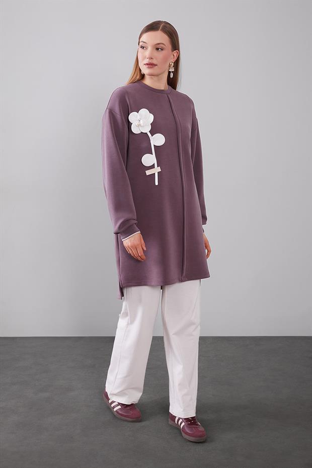 Mürdüm Üç Boyutlu Gül Detaylı Sweat