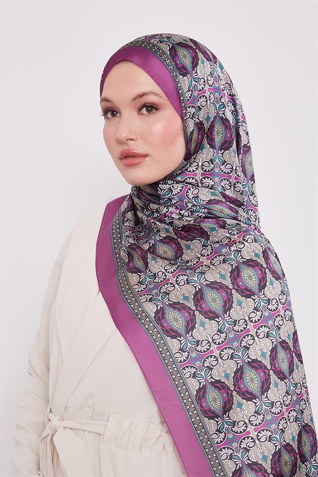 Mürdüm Yansıma Desen Hint İpeği Şal
