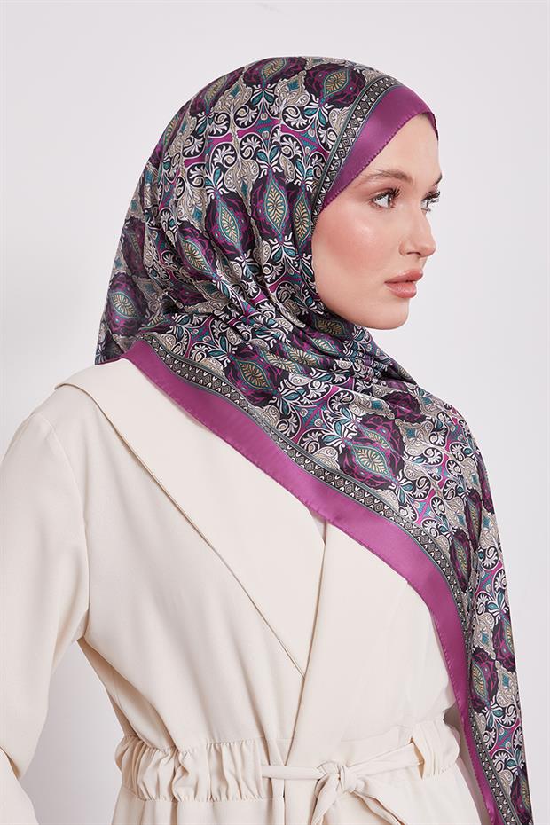 Mürdüm Yansıma Desen Hint İpeği Şal