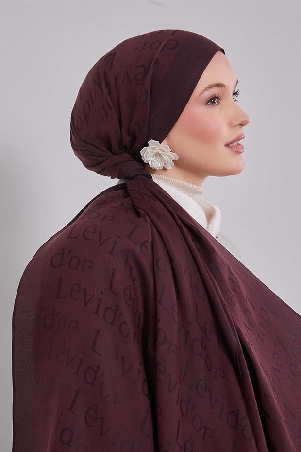 Mürdüm Yazı Baskılı Naia Jakar Şal