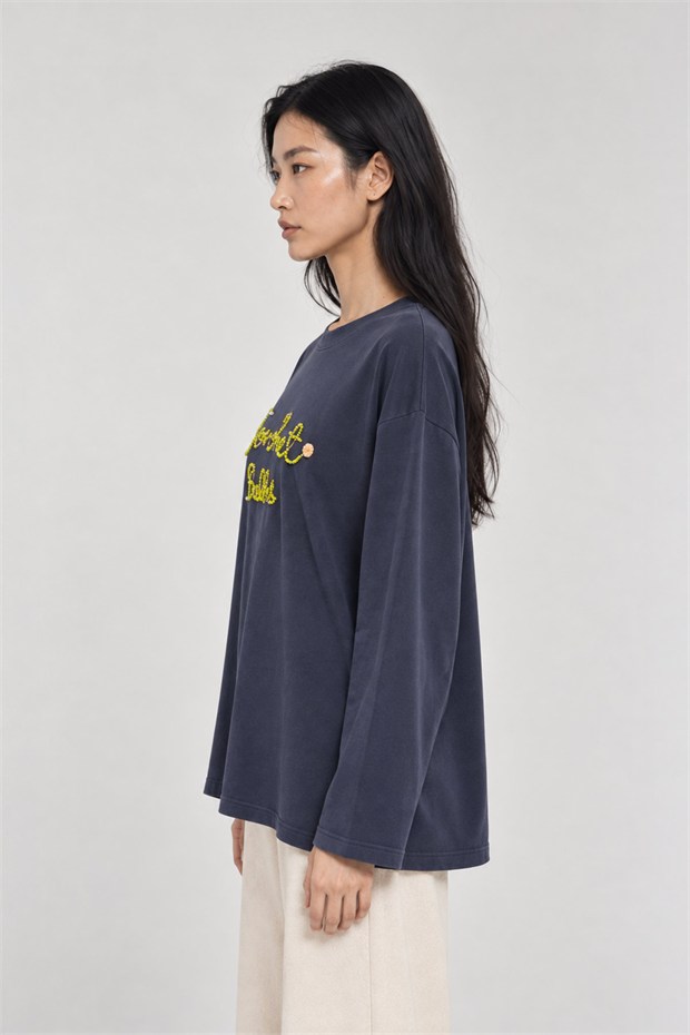 Nakışlı ve Boncuk Detaylı Oversize Sweatshirt İndigo