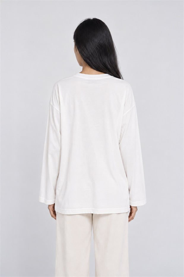 Nakışlı ve Boncuk Detaylı Oversize Sweatshirt Kırık Beyaz