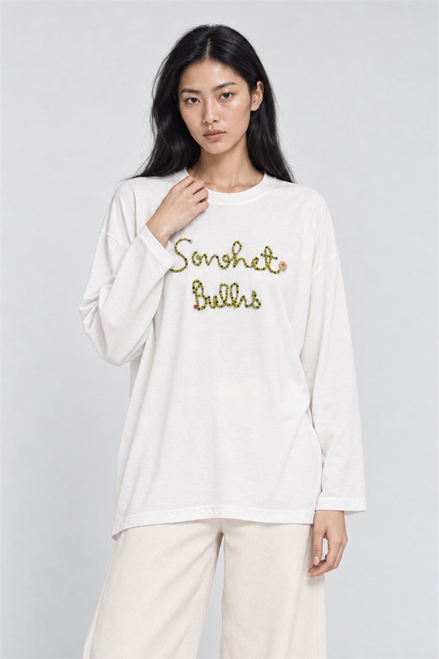 Nakışlı ve Boncuk Detaylı Oversize Sweatshirt Kırık Beyaz