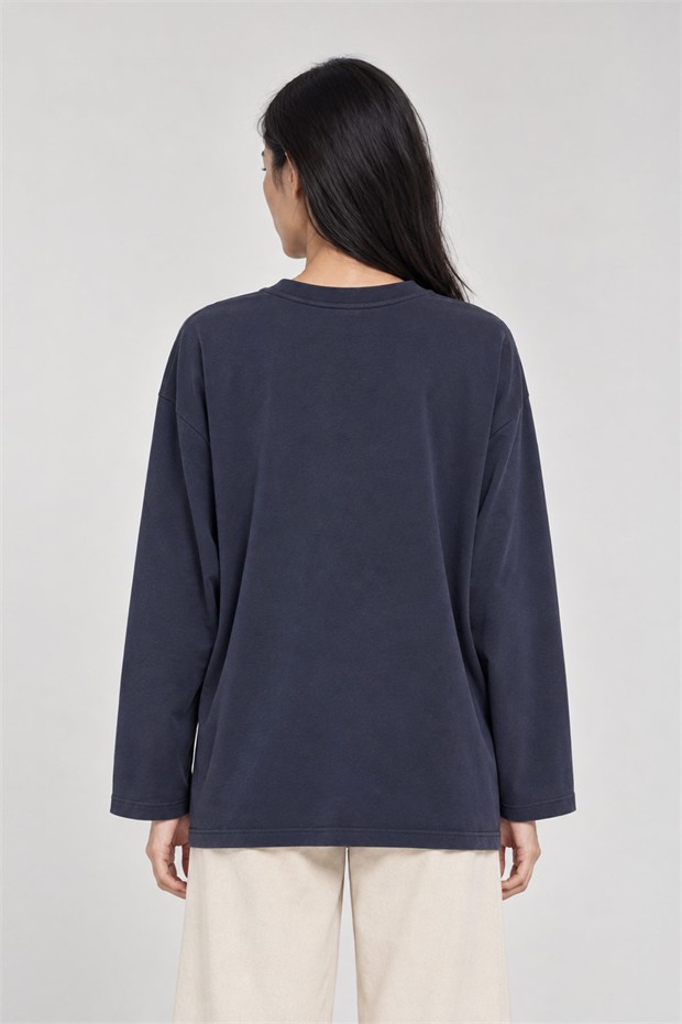 Nakışlı ve Boncuk Detaylı Oversize Sweatshirt İndigo