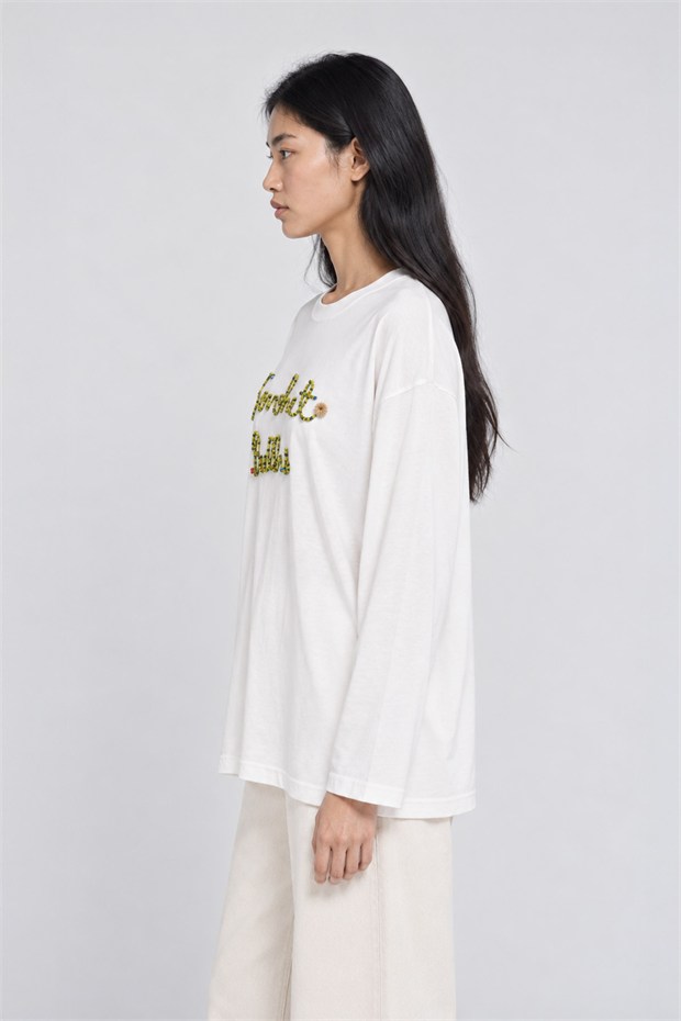 Nakışlı ve Boncuk Detaylı Oversize Sweatshirt Kırık Beyaz