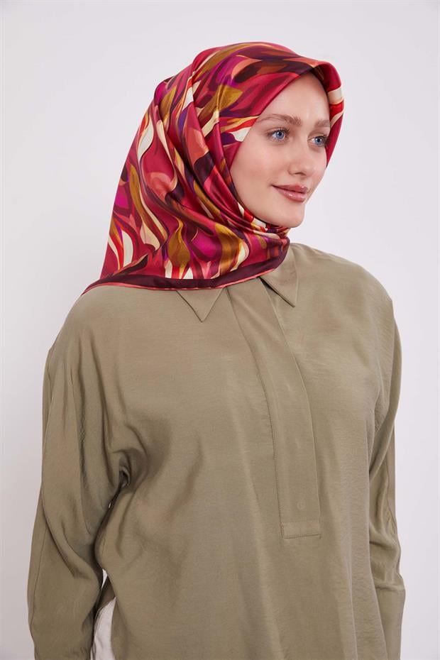 Nar Çiçeği Ebruli Desen Twill İpek Eşarp