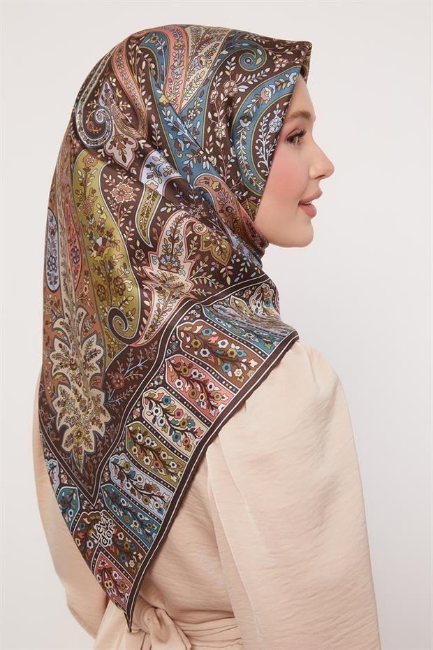 Nar Çiçeği Karışık Hint Desen Twill İpek Eşarp