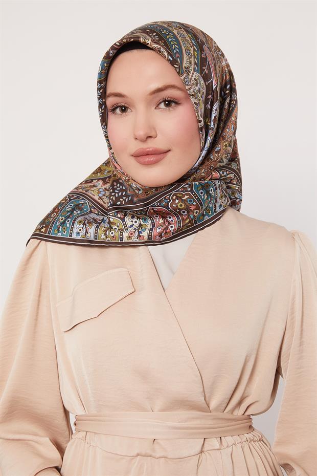 Nar Çiçeği Karışık Hint Desen Twill İpek Eşarp