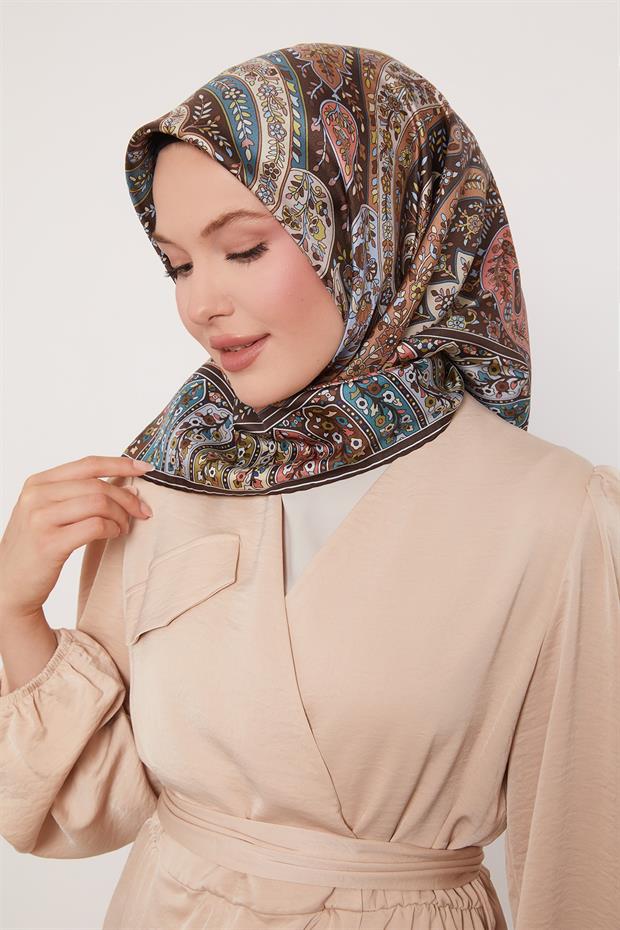 Nar Çiçeği Karışık Hint Desen Twill İpek Eşarp