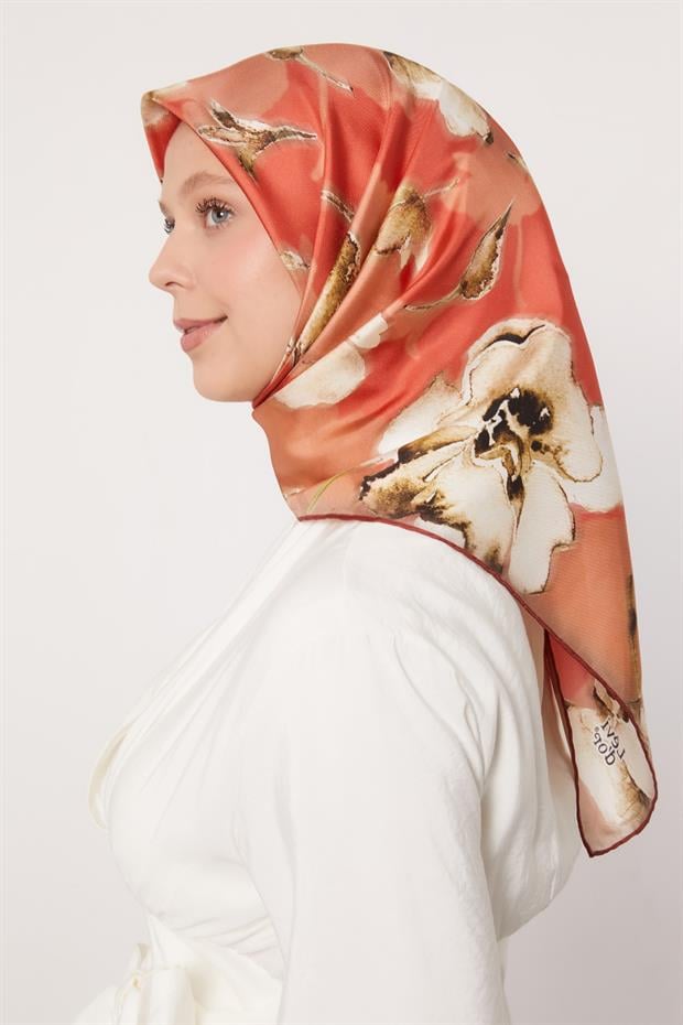 Nar Çiçeği Lotus Çiçek Twill İpek Eşarp