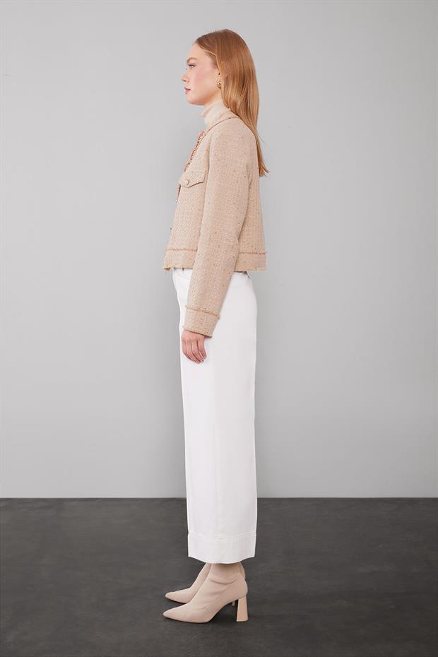 Optik Beyaz Katlı Paçalı Wideleg Pantolon