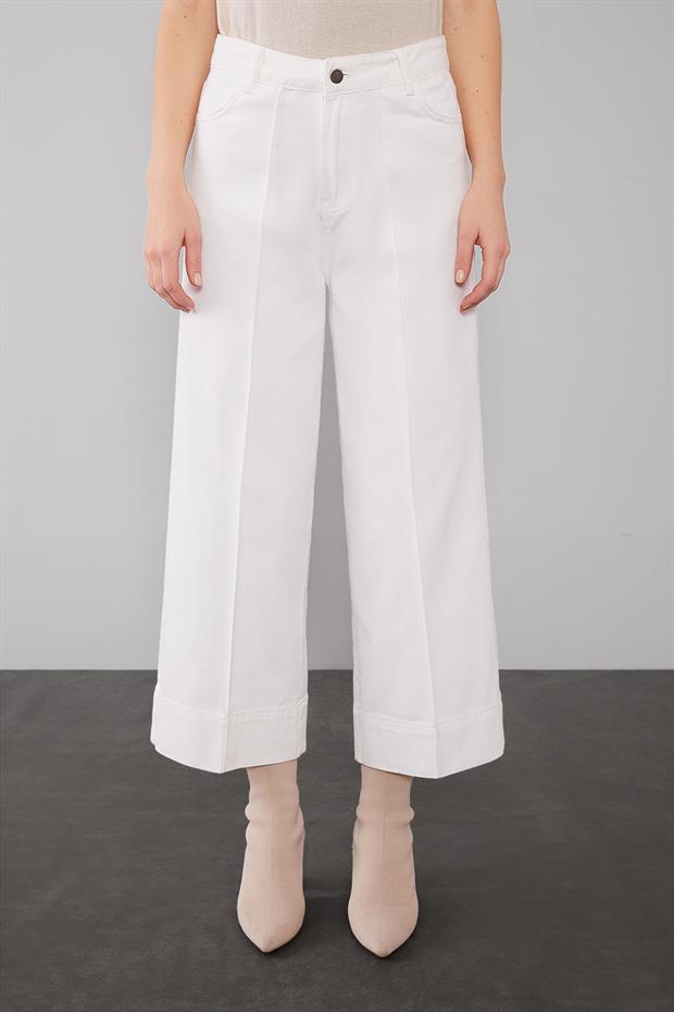 Optik Beyaz Katlı Paçalı Wideleg Pantolon