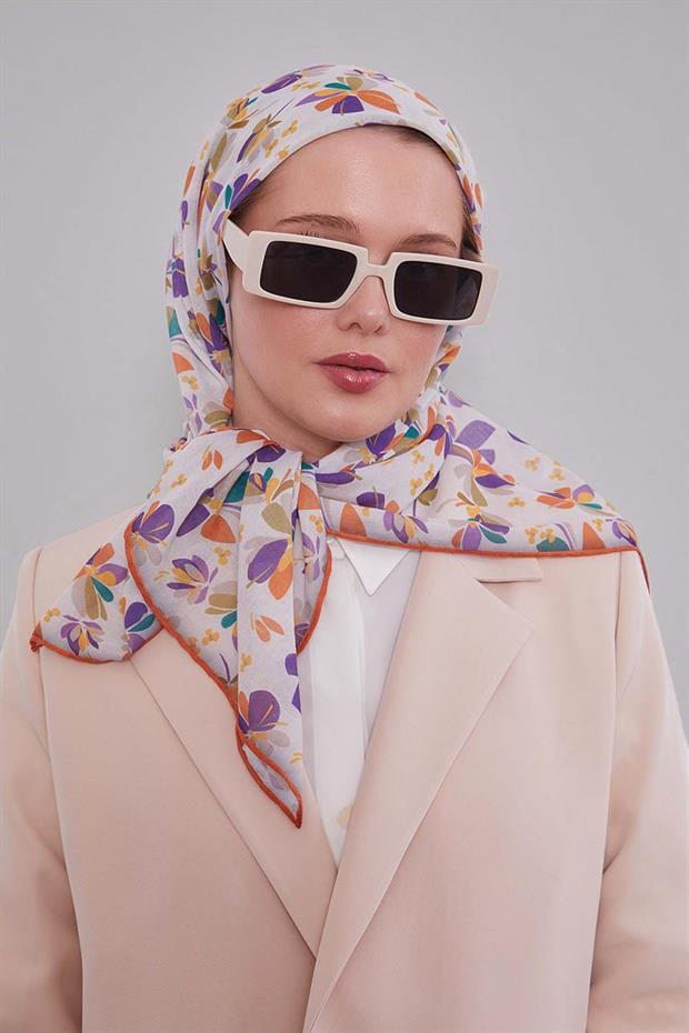 Oranj Çiçek Desen Soft Eşarp