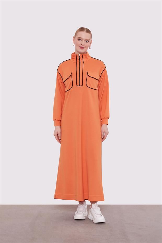Oranj Çizgi Cep Detaylı Elbise
