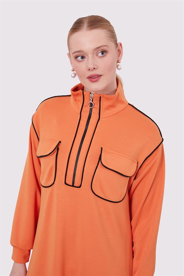 Oranj Çizgi Cep Detaylı Elbise