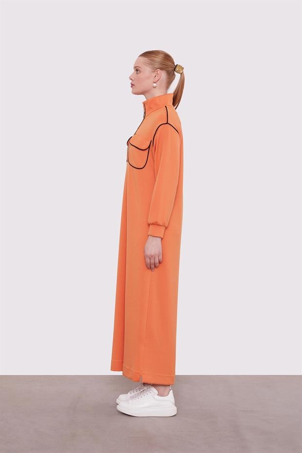 Oranj Çizgi Cep Detaylı Elbise