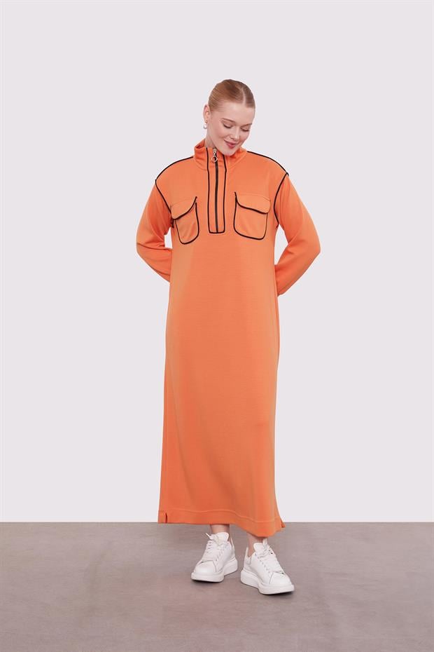 Oranj Çizgi Cep Detaylı Elbise