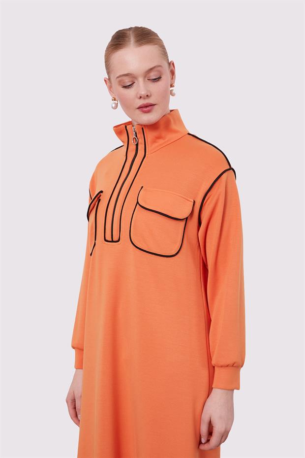 Oranj Çizgi Cep Detaylı Elbise