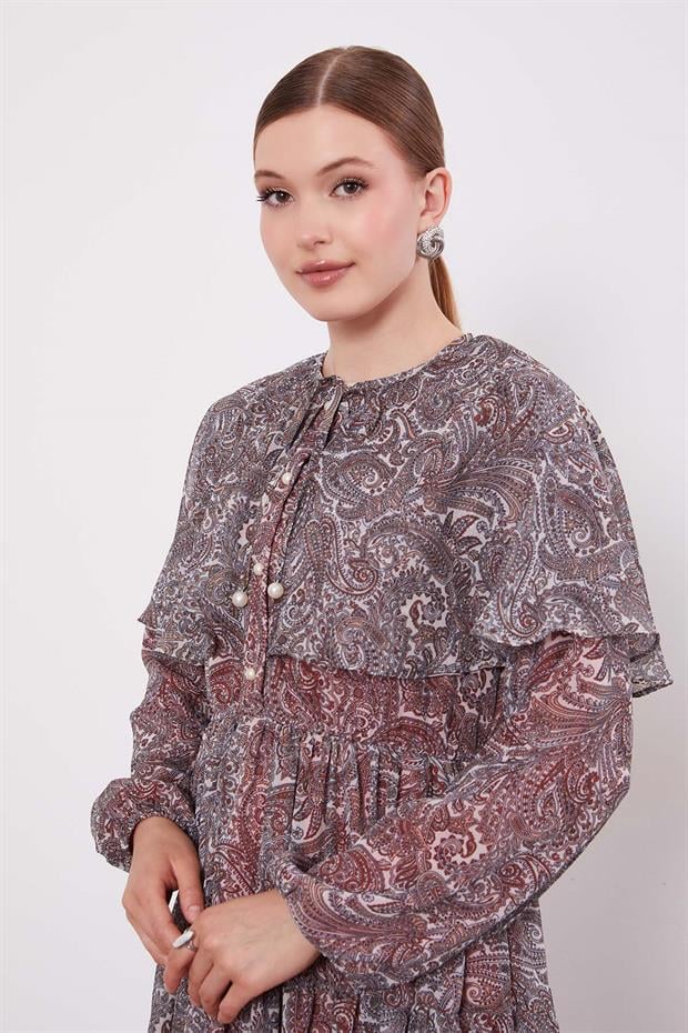 Oranj Etnik Desenli Şifon Elbise