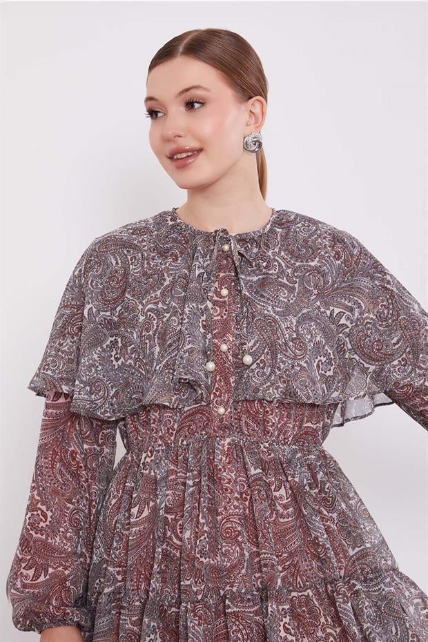 Oranj Etnik Desenli Şifon Elbise